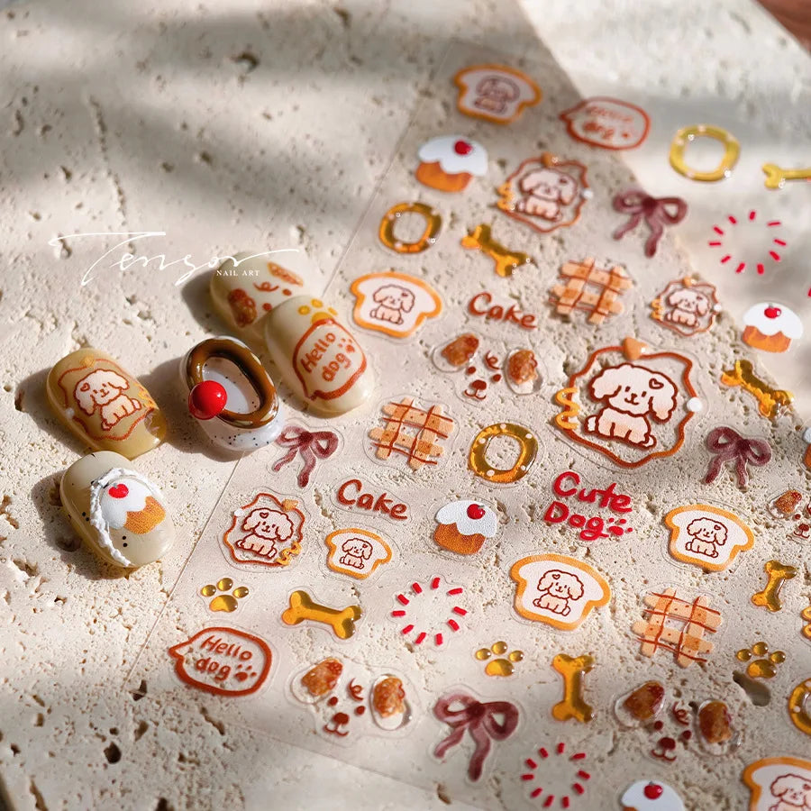 Lovely Dog Bone Bowknot Bread Graffiti Cake Cherry 3D Line Paw Adhesive Nail Art Stickers Cute Cartoon Manicure Decals Wholesale (ONLINE ORDER ONLY)