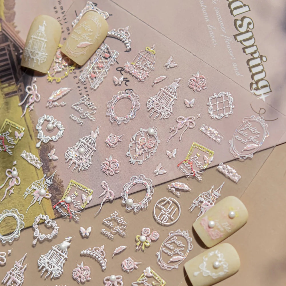 Dreamy Lace Swan Bowknot Rose Flower Castle Butterfly Feather Heart Chic Adhesive Nail Art Stickers Manicure Decals Wholesale (ONLINE ORDER ONLY)