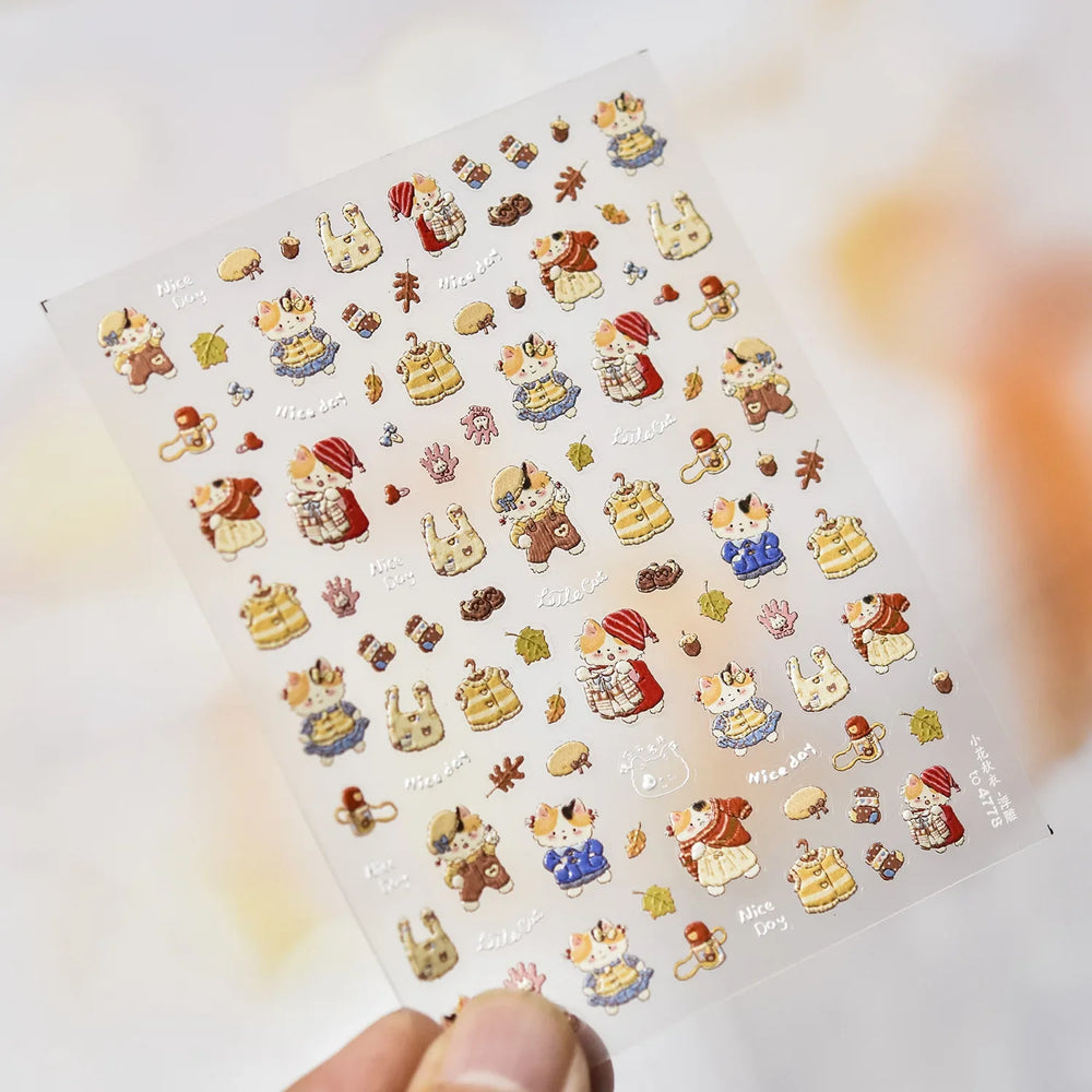 Sweater Glovesvacuum Cup Milk Fallen Leaves Kitten Adhesive Nail Art Stickers Warm Suitpinecone Kitchenware Cat Manicure Decals (ONLINE ORDER ONLY)