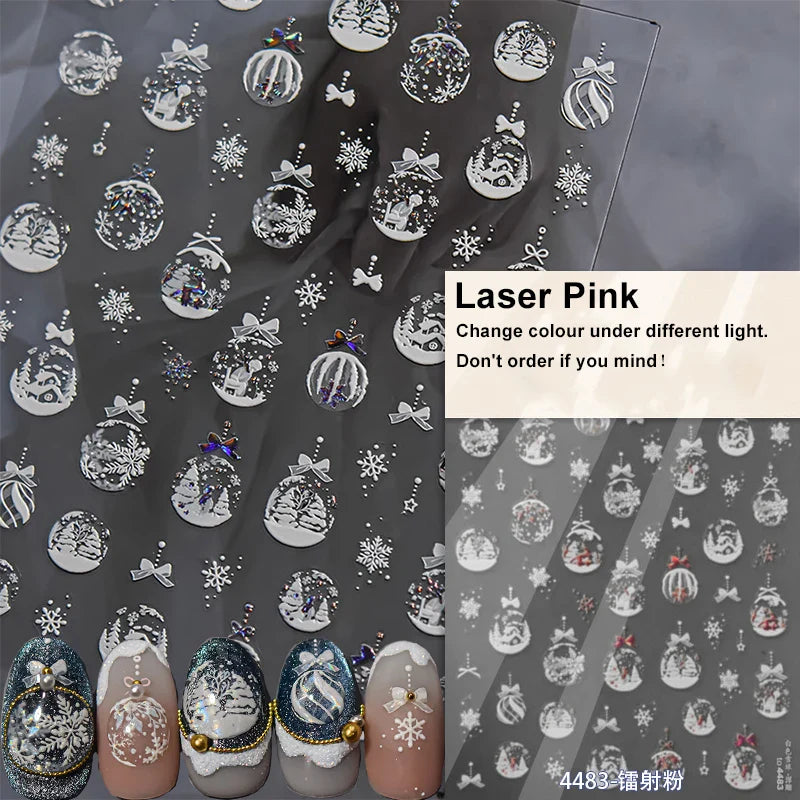 Hot Stamping Romantic White Gold Snowflakes Hexagon Winter 3D Self Adhesive Nail Art Stickers Shiny Rhinestone Manicure Decals (Online Order Only)