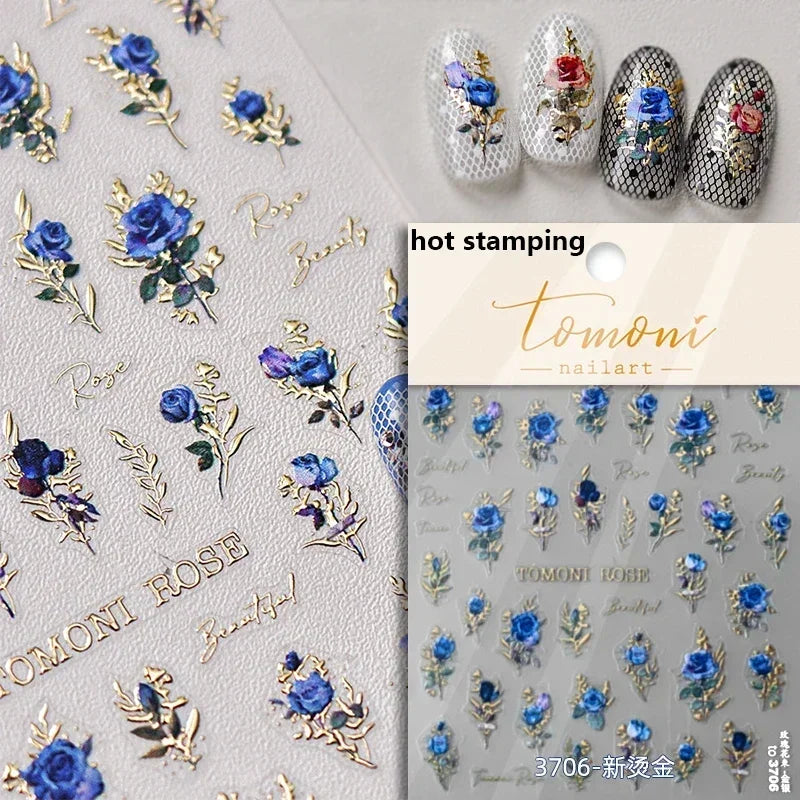 Chic Retro Rose Photo Frame Dried Flower Petal Self Adhesive Nail Art Stickers 5D Hot Stamping Relief Rhinestone Manicure Decals (Online Order Only)