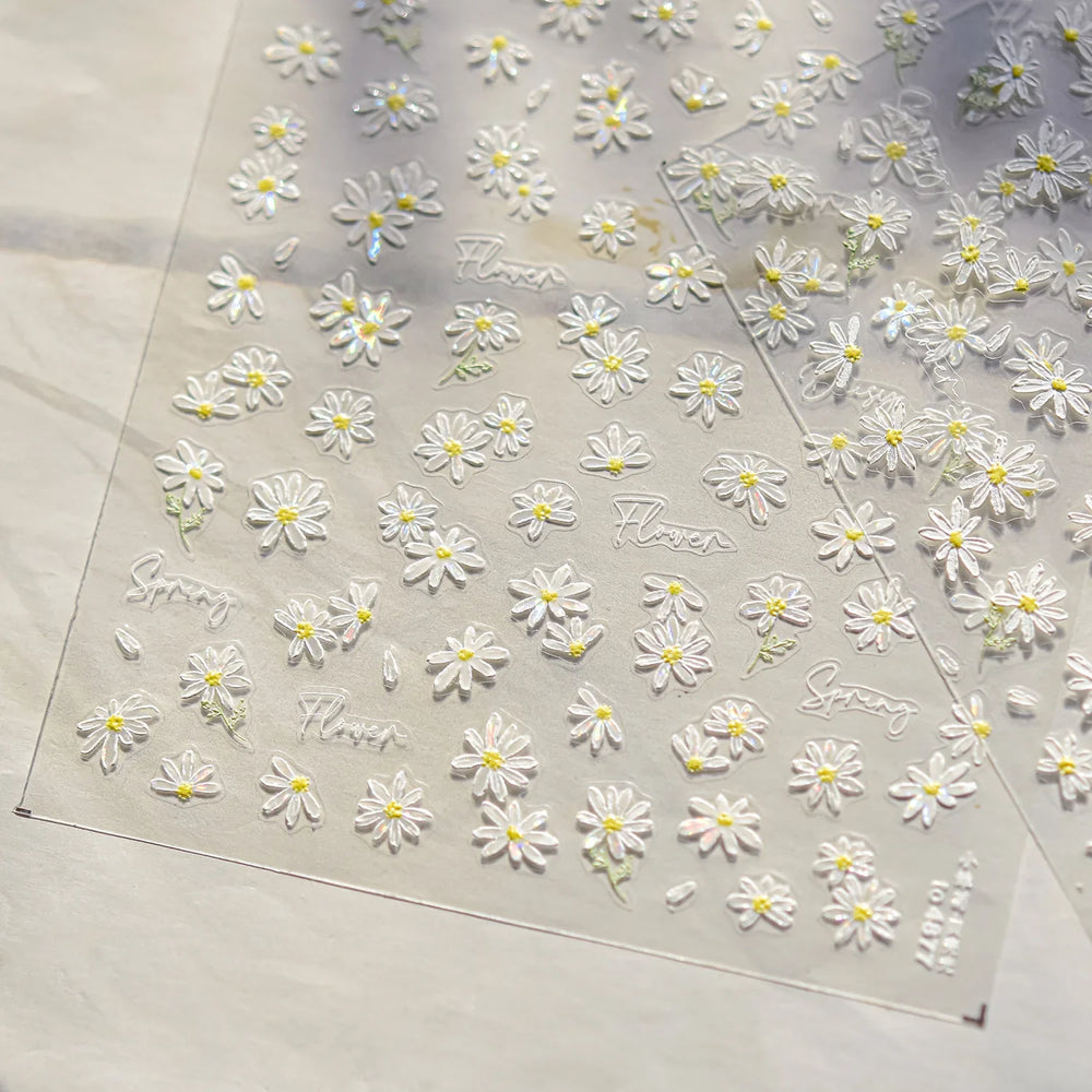 Cute Beige Yellow Pristine Fresh Daisy Flower 5D Shiny Soft Embossed Relief Charm Self Adhesive Nail Art Stickers Manicure Decal (ONLINE ORDER ONLY)