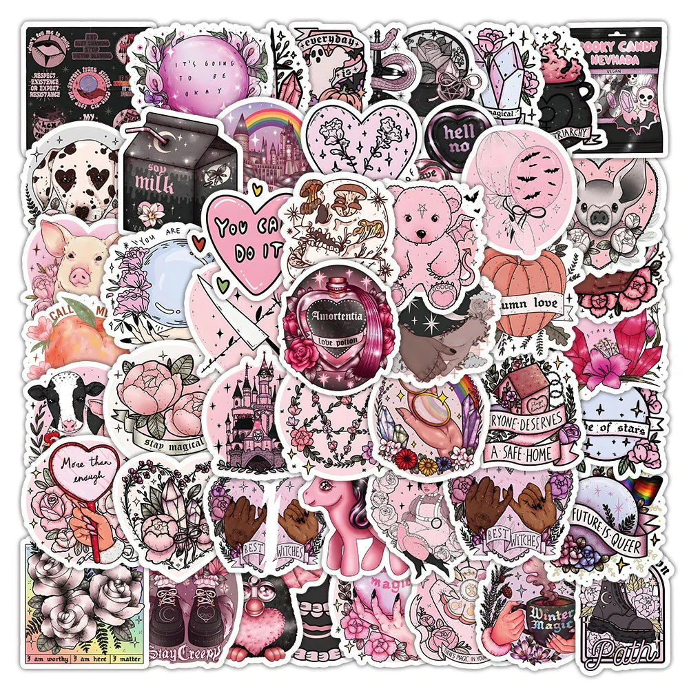Pink Gothic Crystal Animal Stickers - Waterproof Laptop, Phone, Diary Decor (10/30/50pcs) (Online Order Only)