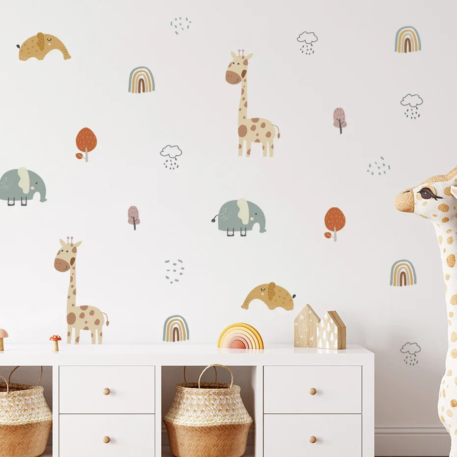 Cartoon Giraffe Elephant Wall Sticker Rainbow Tree Decals Nursery Removable Vinyl Kids Room Decor (Online Order Only)