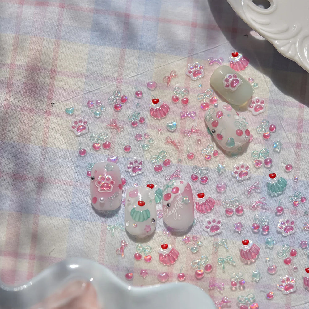 Lovely Green Pink Cherry Pudding Claw Paw Love Heart Bowknot Soft Embossed Reliefs Adhesive Nail Art Stickers Manicure Decals (ONLINE ORDER ONLY)