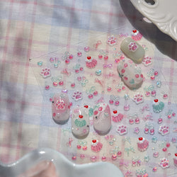 Lovely Green Pink Cherry Pudding Claw Paw Love Heart Bowknot Soft Embossed Reliefs Adhesive Nail Art Stickers Manicure Decals (ONLINE ORDER ONLY)