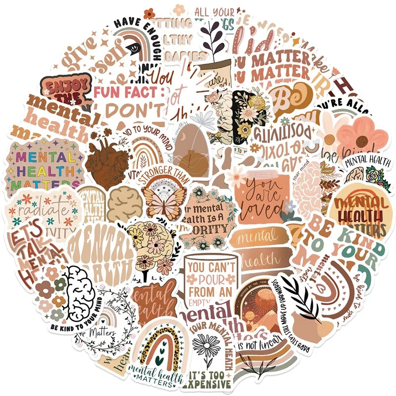 50PCS Boho Mental Health PVC Sticker Aesthetic DIY Children's Decoration Scrapbooking Stationery Hand Accounting Tool Supplies (ONLINE ORDER ONLY)