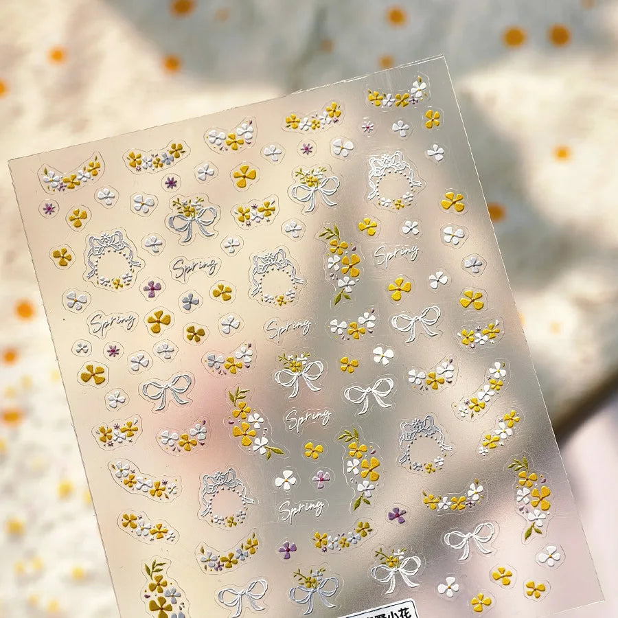 Yellow Purple Mini Flower White Lace Bowknot Flower Bouquet Spring 5D  Adhesive Nail Art Decoration Stickers DIY Manicure Decals (ONLINE ORDER ONLY)