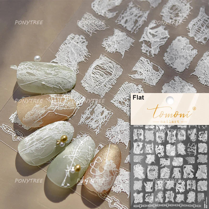 Dreamy Lace Rose Flower Fabric Art Tender Gauze Gird Pearl Pendant Irregular Pattern Nail Art Stickers Decoration Manicure Decal (ONLINE ORDER ONLY)