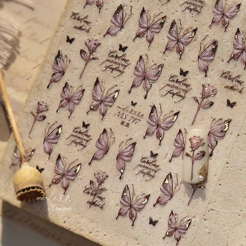 Butterfly Rose Laser Jelly Hot Stamping Lace Letter Flower Love Heart Bowknot 5D Self Adhesive Nail Art Stickers Manicure Decals (ONLINE ORDER ONLY)
