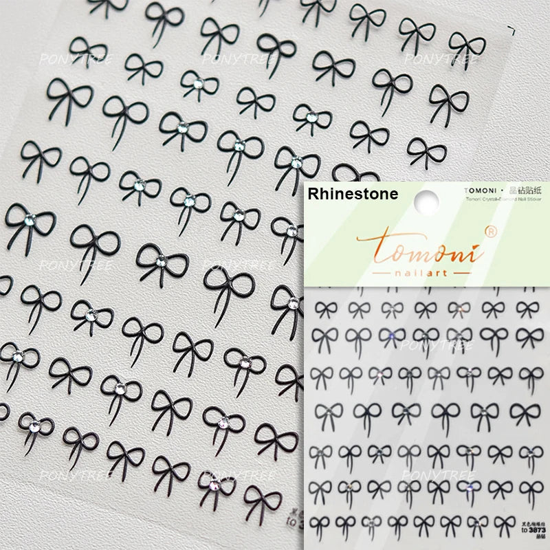 Chic Shiny Lace Pink Black White Bowknot Pearl Rhinestones Charming 3D Self Adhesive Nail Art Decoration Sticker Manicure Decals (Online Order Only)