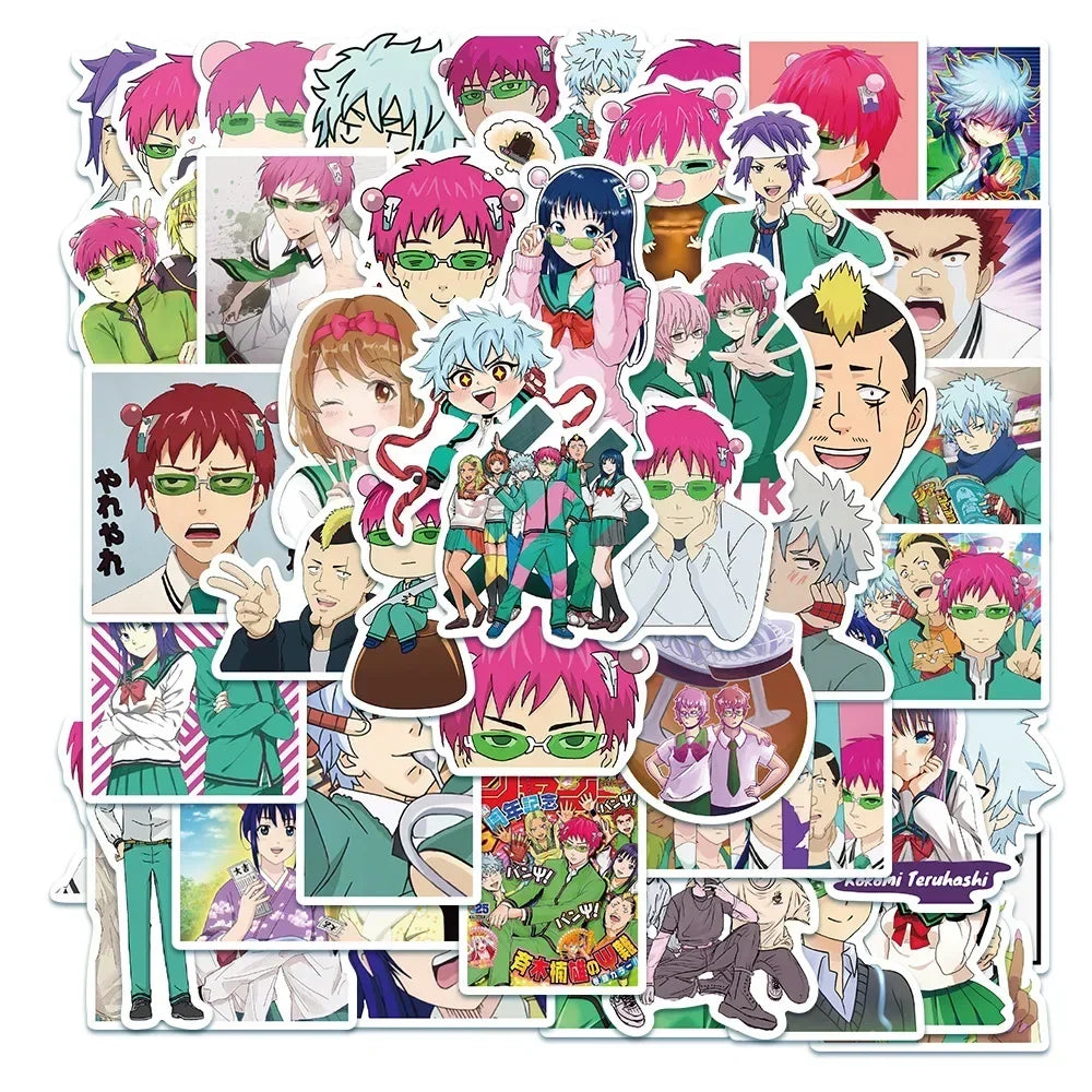 50Pcs Anime The Disastrous Life of Saiki K 2 Stickers Decals Saiki Kusuo Sticker For Laptop Skateboard Motorcycle Kids Toys (Online Order Only)