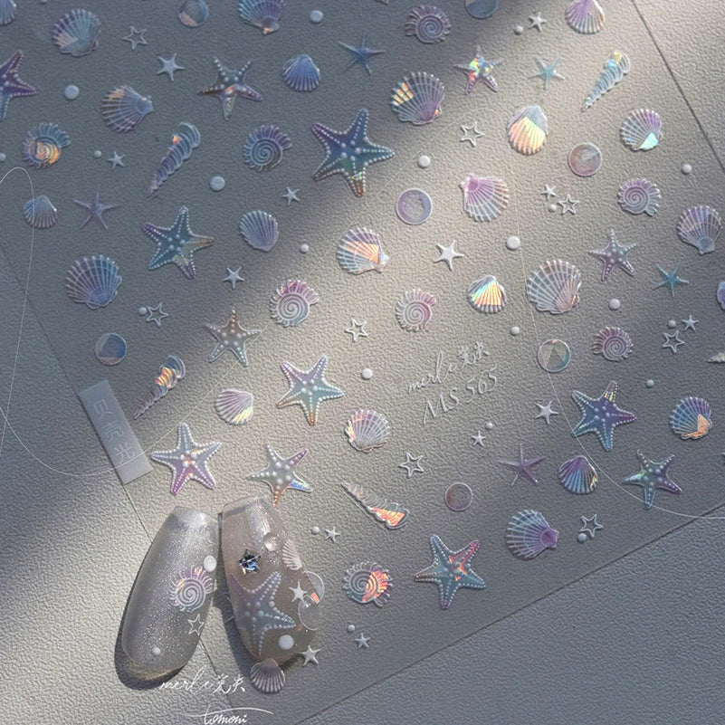 Summer Beach Ocean Shell Starfish Clams Conch Stars Sea Bubble Seasnail Soft Relief Decoration Nail Art Stickers Manicure Decals (ONLINE ORDER ONLY)