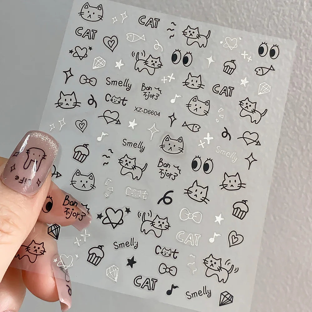 1Pc 3D Cute Black Silver Smile Dog Decals Y2K Cartoon Cat Footprint Nail Stickers Graffiti Star Heart DIY Manicure Slider Decor* (ONLINE ORDER ONLY)