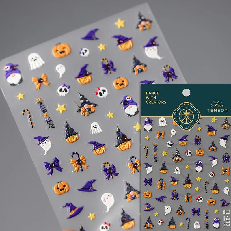 Halloween Ghost Pumpkin Bat Coffin Cat Spider Demon Jelly Self Adhesive Nail Art Sticker Terrifying Candy Candle Manicure Decals (ONLINE ORDER ONLY)