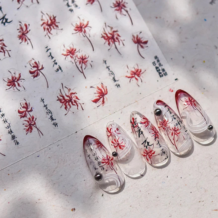 Pretty Red Equinox Flowers Tragedy Love Nine-tailed Fox Mask Manjusaka Chinese Style Soft Relief Nail Art Sticker Manicure Decal (ONLINE ORDER ONLY)