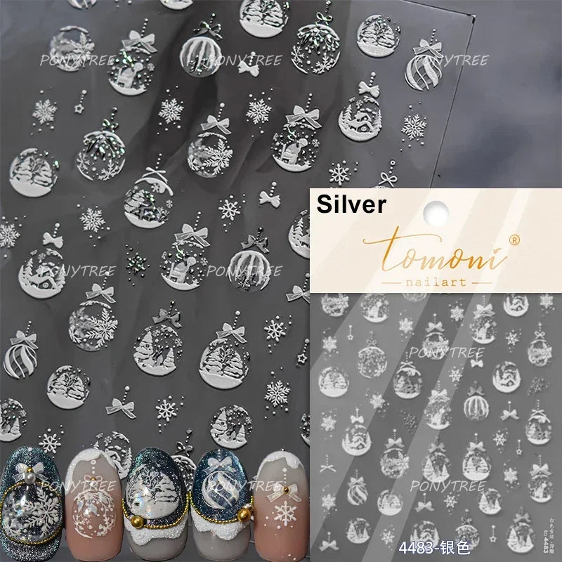 Flying Snowflakes Cold Winter Geometric Hexagon Star Romantic Adhesive Nail Art Stickers Embossment Rhinestone Manicure Decals (ONLINE ORDER ONLY)