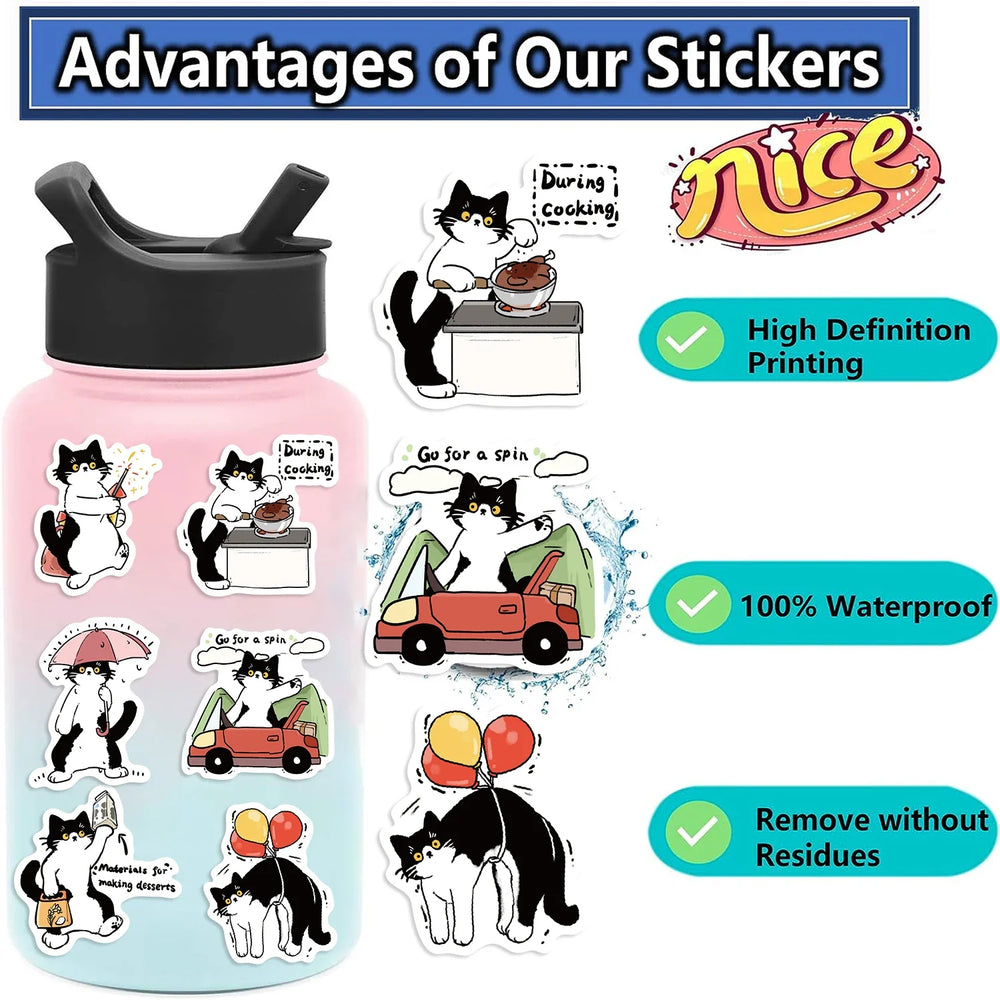50PCS Cute Cow Cat Stickers Vinyl Waterproof Funny Cats Decals for Water Bottle Laptop Skateboard Scrapbook Luggage Kids Toys (ONLINE ORDER ONLY)