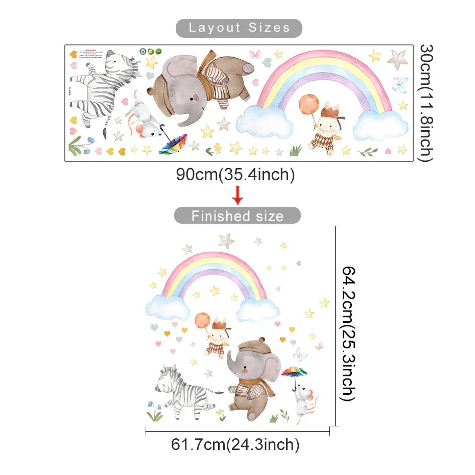 Cartoon Animal Rainbow Wall Stickers for Kids Bedroom Nursery Decor (Online Order Only)