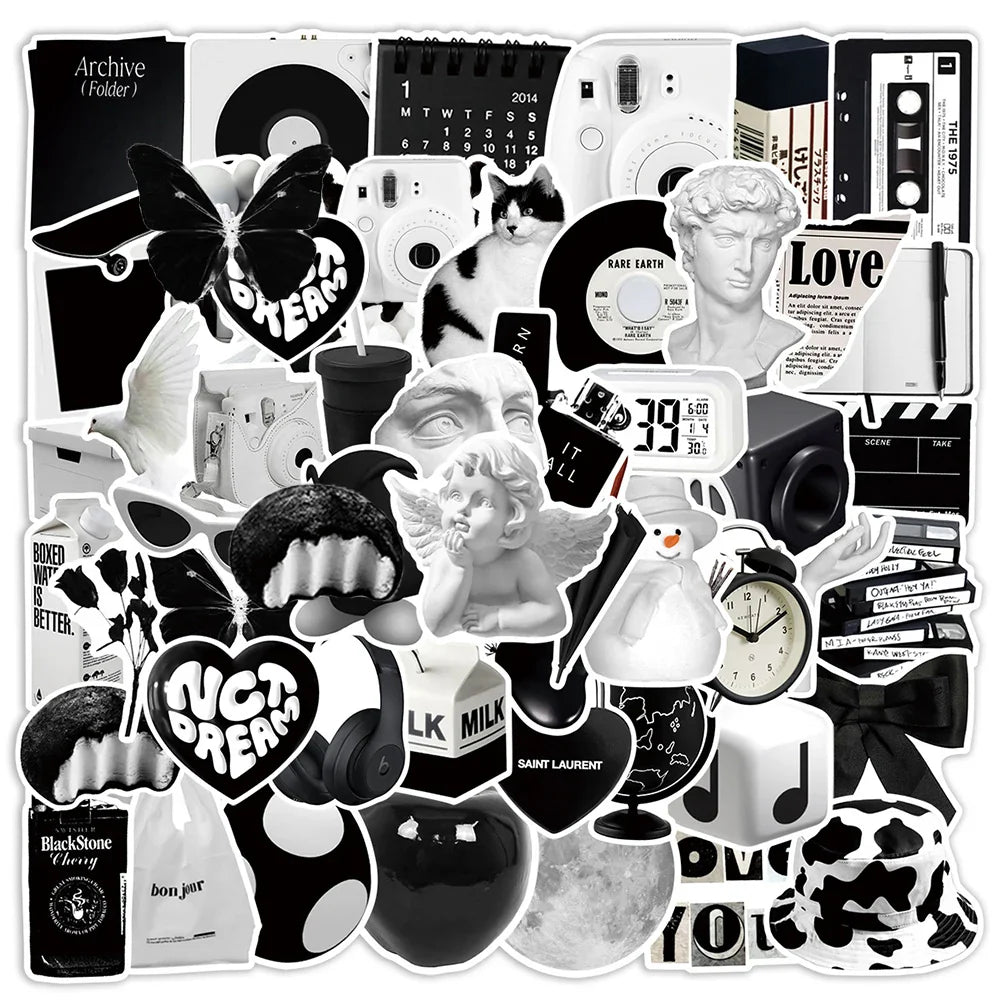 Cute Black White Cartoon Stickers for Suitcase Phone Fridge Skateboard (Online Order Only)
