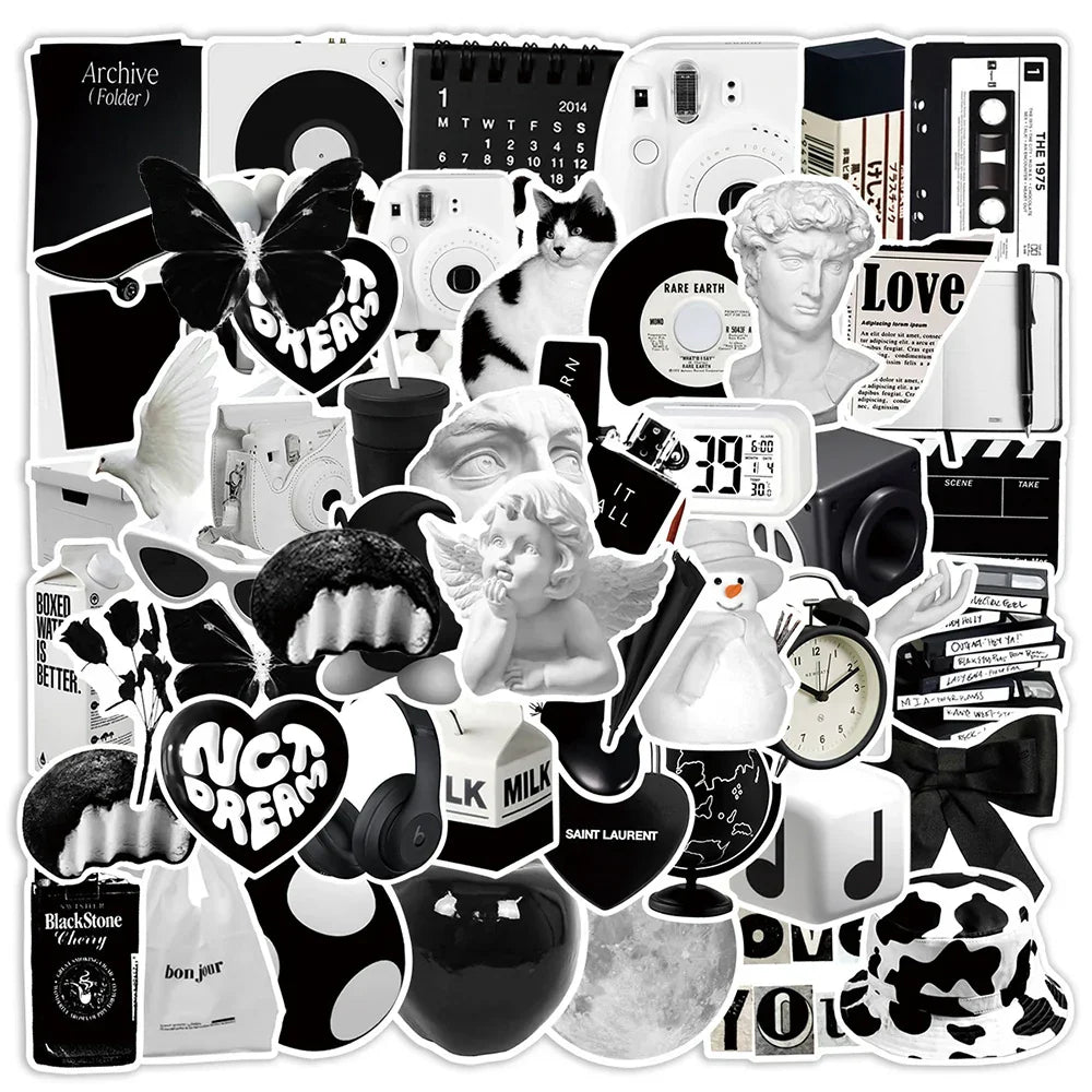 Cute Black White Cartoon Stickers for Suitcase Phone Fridge Skateboard (Online Order Only)