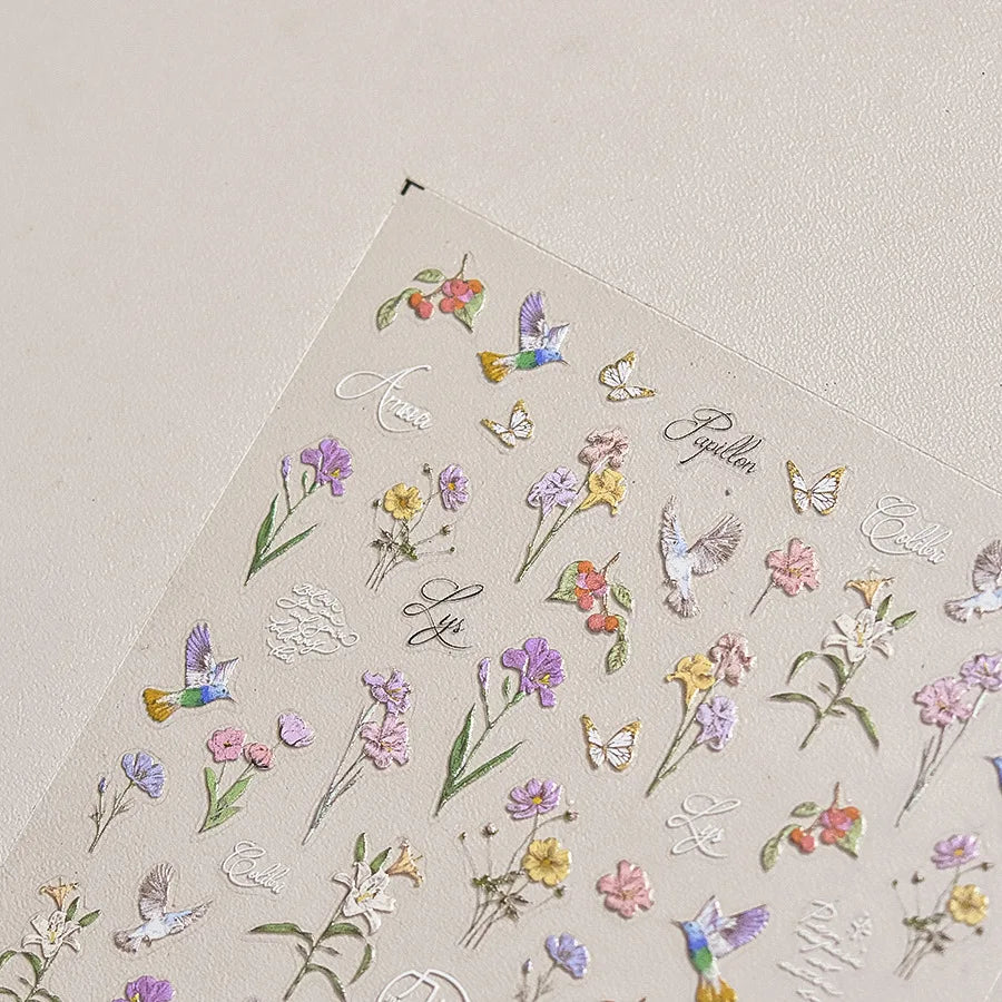 Hummingbird Iris Butterfly Peony Rose Tulip Daisy Lily Flowers Morning Glory Pearl Rhinestones Nail Art Sticker Decoration Decal (ONLINE ORDER ONLY)