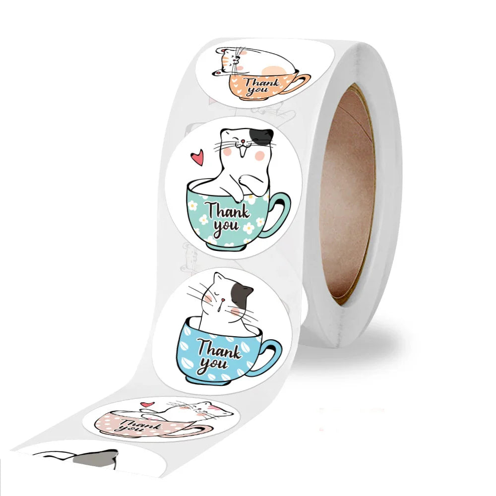 100-500 Pcs Roll 1-1.5inch Round White Decorative Gift Thank You Stickers Cartoon Hand-painted Cat Sealing Sticker Stationery (Online Order Only)