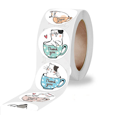100-500 Pcs Roll 1-1.5inch Round White Decorative Gift Thank You Stickers Cartoon Hand-painted Cat Sealing Sticker Stationery (Online Order Only)