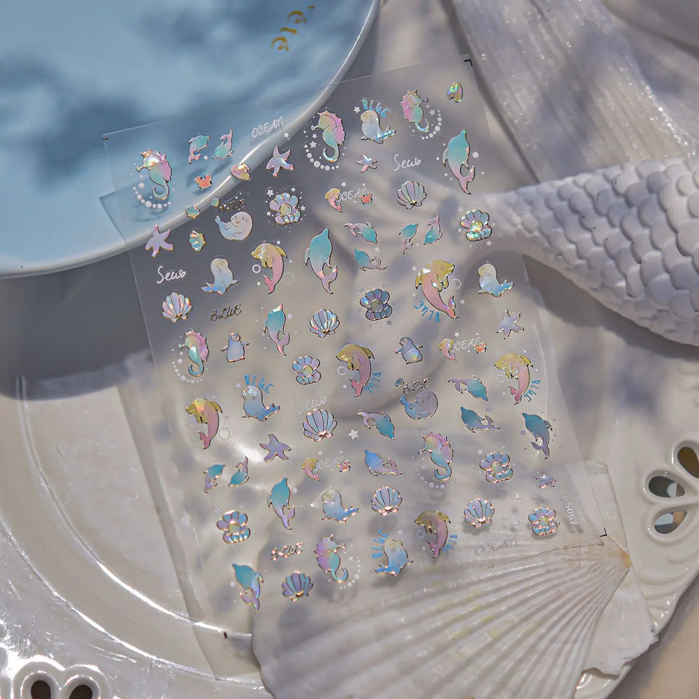 Colored Whale Seahorse Shell Crab Otter Pearl Oyster Starfish Ocean Dreamy Adhesive Nail Art Stickers Manicure Decals Wholesale (ONLINE ORDER ONLY)