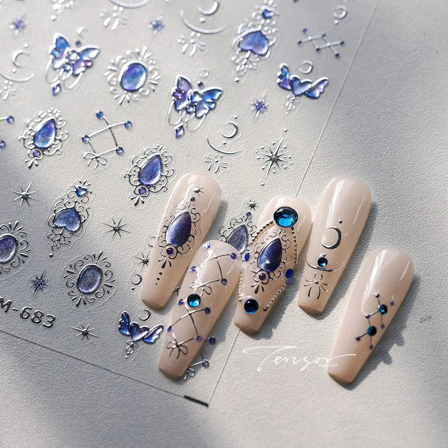 Romantic Purple Star Moon Butterfly Bowknot Retro Water Drop Gem Starburst Adhesive Nail Art Stickers Starlight Manicure Decals (ONLINE ORDER ONLY)