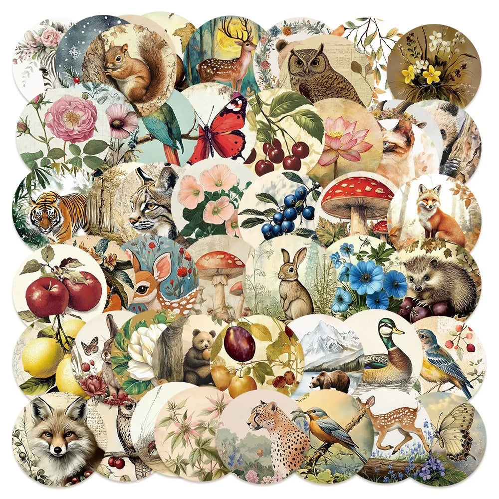 10/50pcs Vintage Cute Forest Plants Animals Label Stickers Aesthetic Graffiti DIY Notebook Laptop Water Bottle Luggage Sticker (Online Order Only)