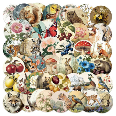 10/50pcs Vintage Cute Forest Plants Animals Label Stickers Aesthetic Graffiti DIY Notebook Laptop Water Bottle Luggage Sticker (Online Order Only)