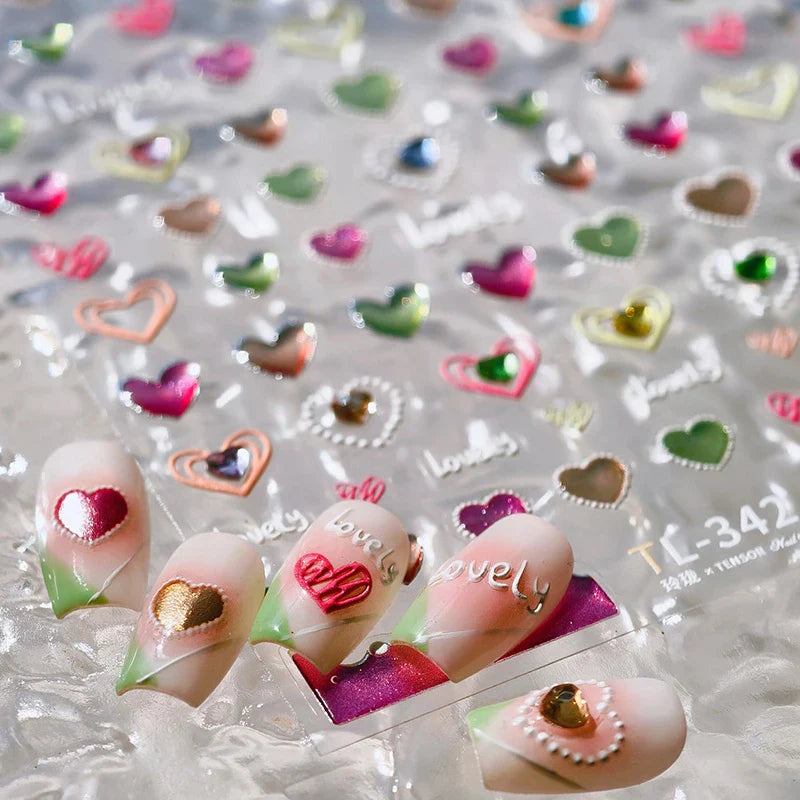 Lovely Love Heart Graffiti Crystal Geometric Cat's Eye Macaron Color Hollow Out Self Adhesive Nail Art StickersManicure Decals (ONLINE ORDER ONLY)