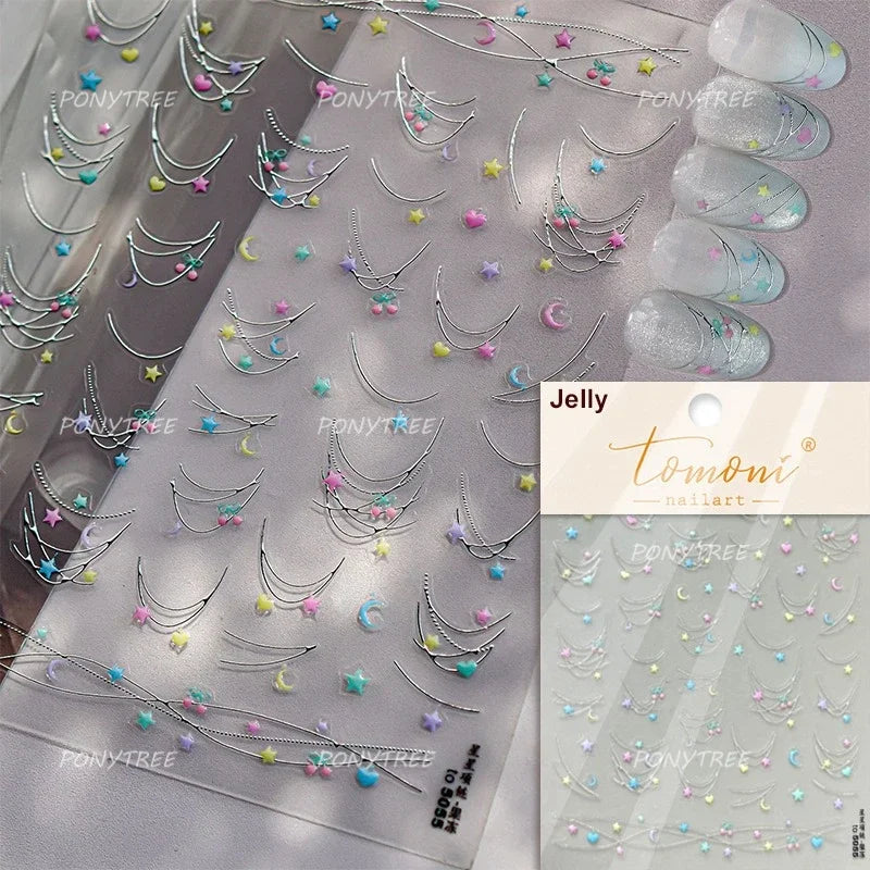 Chic Colourful Star Moon Curved Line Arc Necklace Love Heart Hanging in The Air Cherry Adhesive Nail Art Stickers Manicure Decal (Online Order Only)