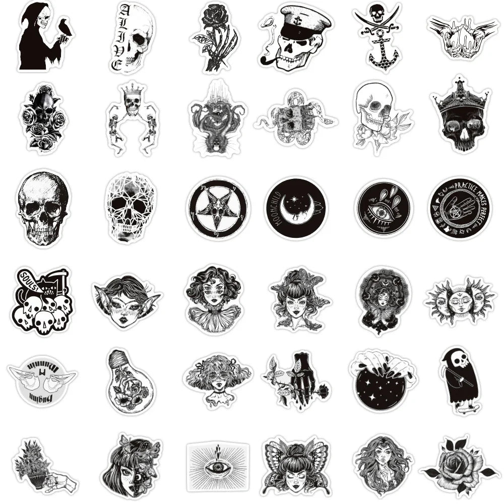 10/30/50/100pcs Cool Black White Punk Horror Gothic Graffiti Sticker Packs (ONLINE ORDER ONLY)