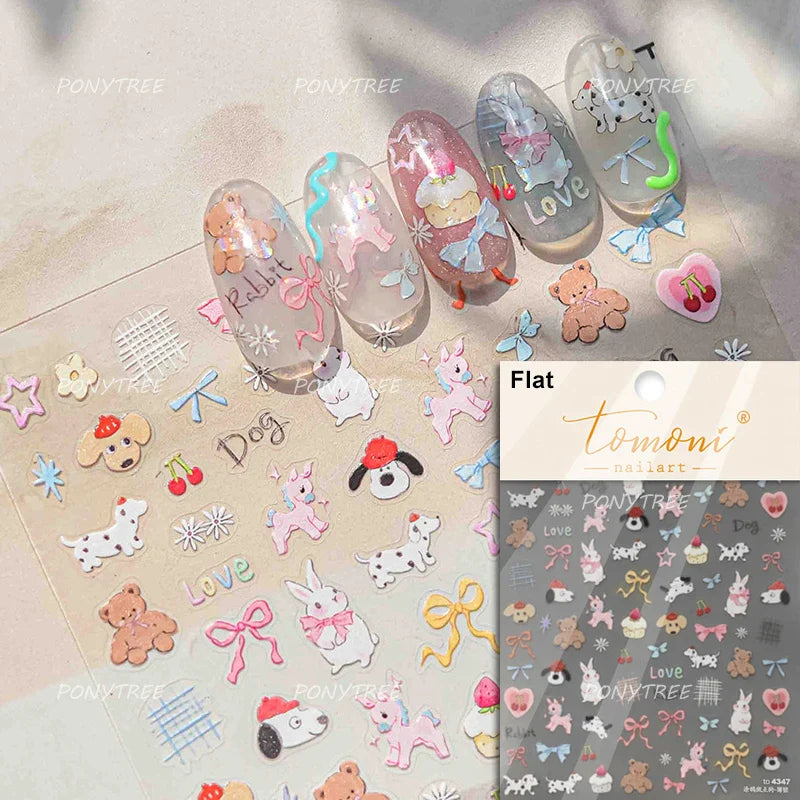 Lovely Dog Bone Bowknot Bread Graffiti Cake Cherry 3D Line Paw Adhesive Nail Art Stickers Cute Cartoon Manicure Decals Wholesale (ONLINE ORDER ONLY)