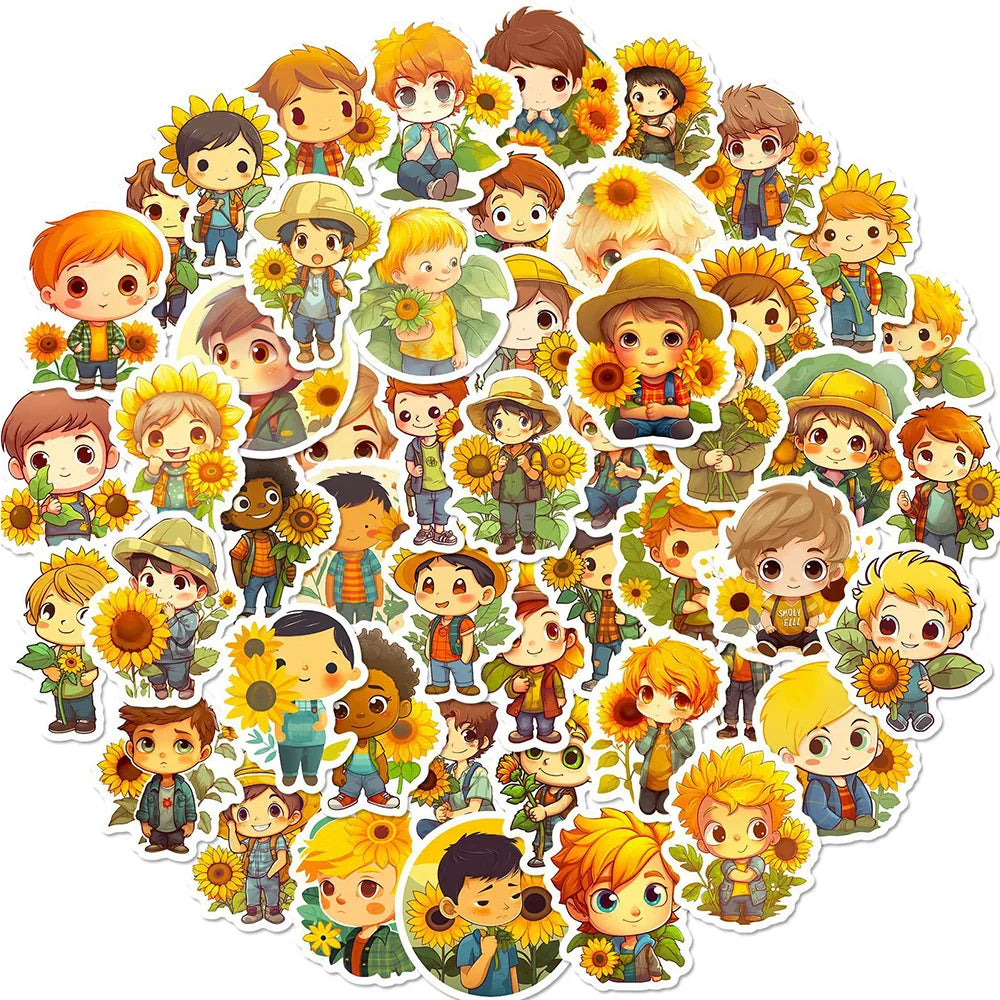 Cartoon Sunflower Boy Stickers - 10/30/50pcs for Laptop, Scrapbook, Suitcase, Guitar Decoration (ONLINE ORDER ONLY)