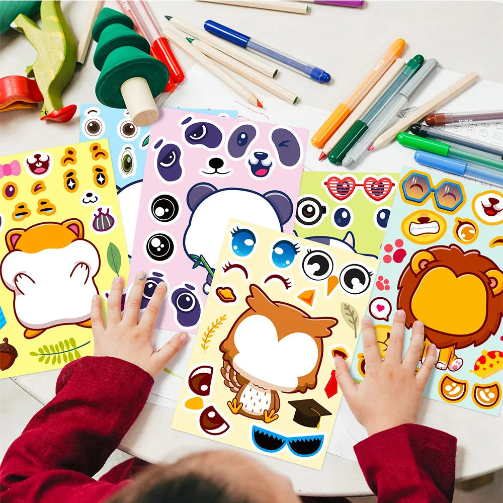 6/12Sheets Animal Make A Face Puzzle Stickers Kids Lion Owl Panda Make Your Own DIY Game Children Cartoon Jigsaw Education Toys (ONLINE ORDER ONLY)