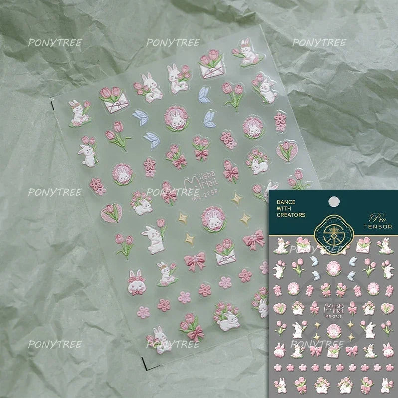 Hot Stamping Jelly All Tulips Garden Flower Bowknot Wave Lace Line Golden and Radiant Adhesive Nail Art Stickers Manicure Decals (ONLINE ORDER ONLY)