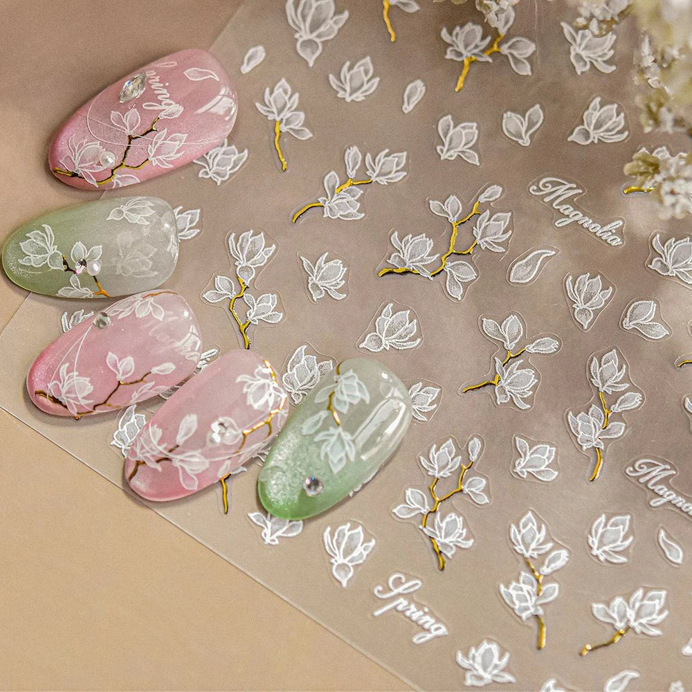 Translucent White White Pink Magnolia Rose Flower Floral Soft Embossed Relief Adhesive Nail Art Stickers Chic 3D Manicure Decals (ONLINE ORDER ONLY)