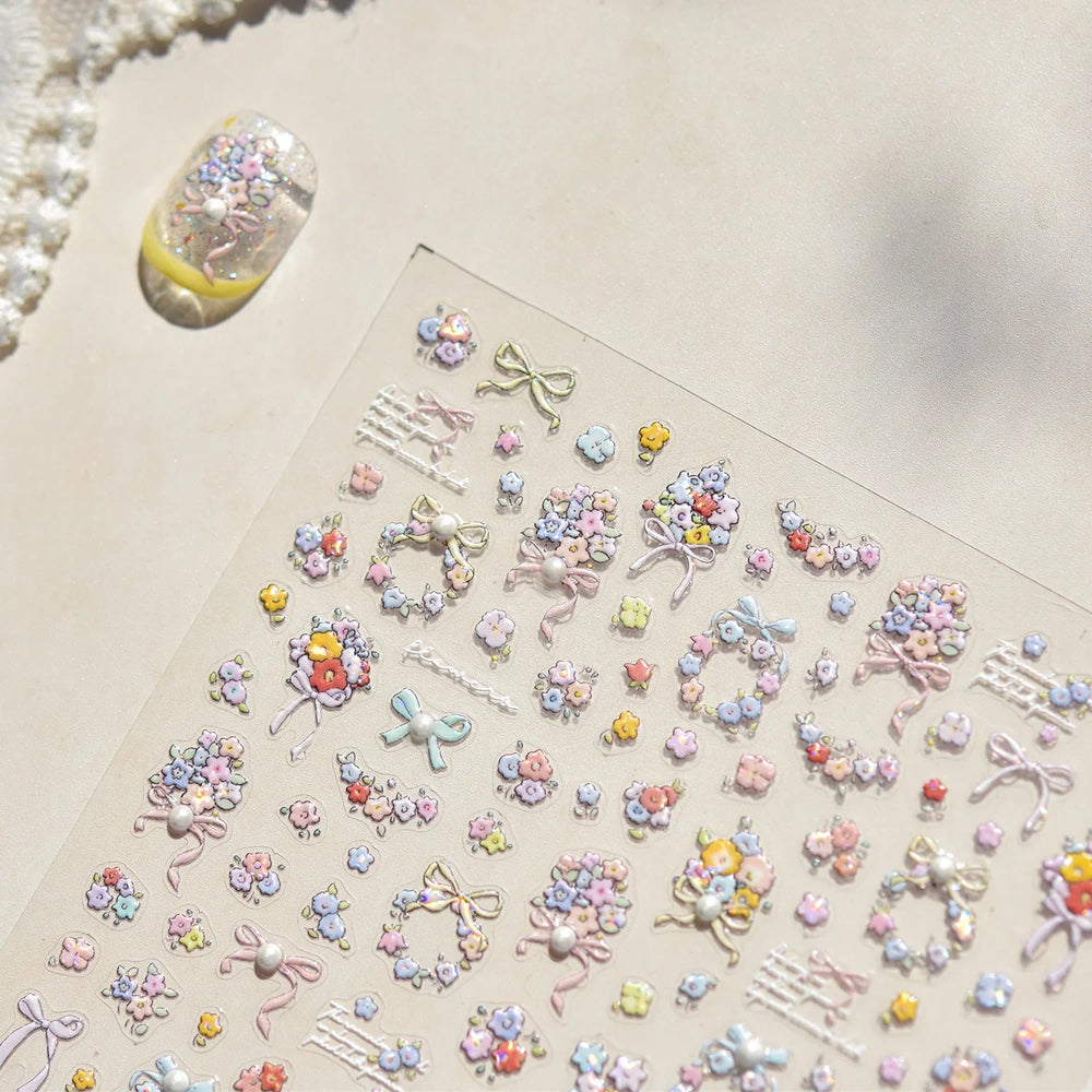 Cute Spring Flowers Purple Blue White Bowknot Rose Garden Daisy 5D Soft Embossed Relief Adhesive Nail Art Sticker Manicure Decal (ONLINE ORDER ONLY)