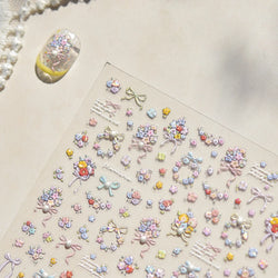 Cute Spring Flowers Purple Blue White Bowknot Rose Garden Daisy 5D Soft Embossed Relief Adhesive Nail Art Sticker Manicure Decal (ONLINE ORDER ONLY)