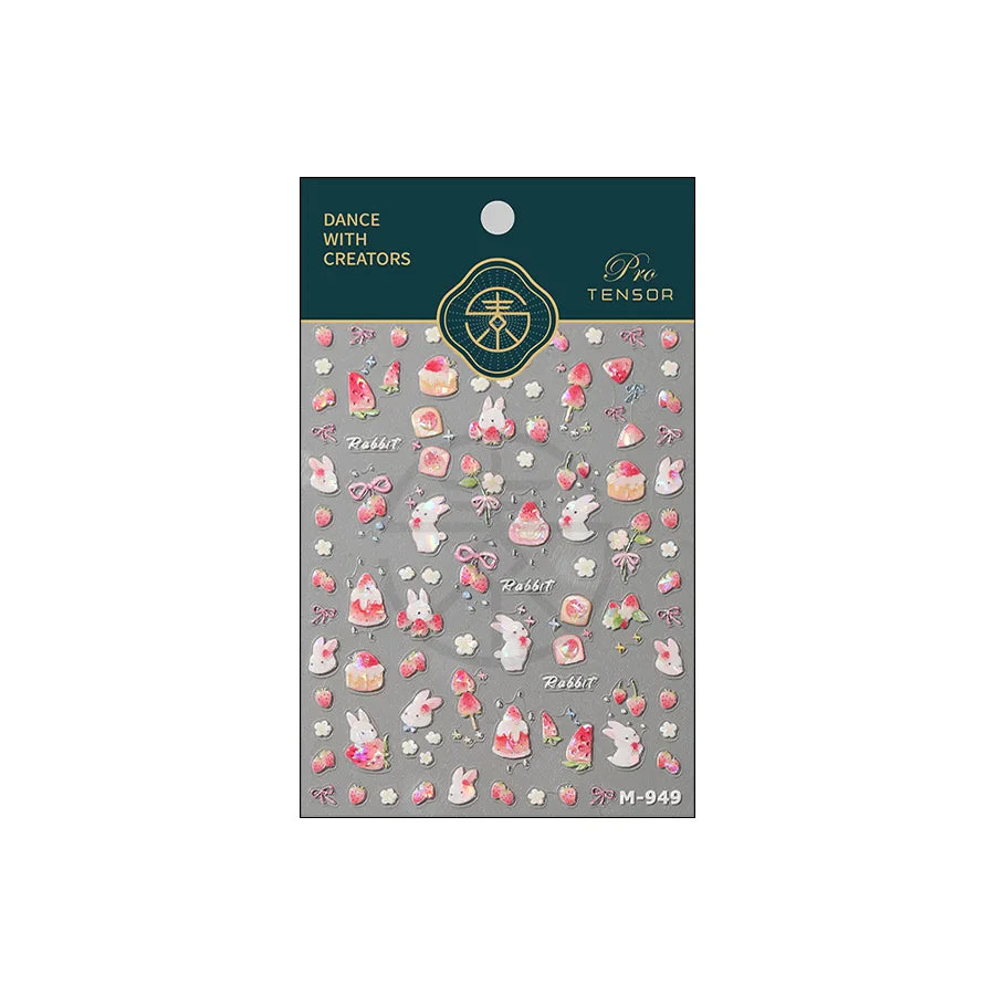 Cute White Rabbit Bunny Strawberry Flower Pudding Star Bowknot Fruit Delicate Adhesive Nail Art Sticker Charming Manicure Decal (Online Order Only)