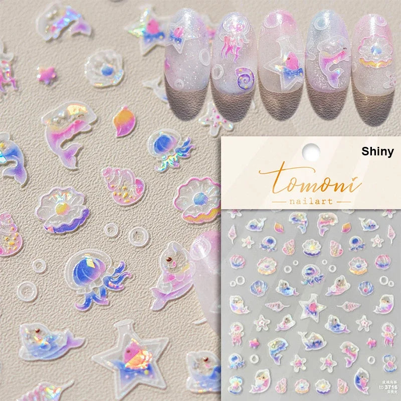 Summer Beach Dreamy Water Bubble Mermaid Shell Conch Starfish Jellyfish Soft Relief Decoration Nail Art Stickers Manicure Decals (ONLINE ORDER ONLY)