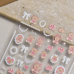 Retro Love Heart White Lace flower Bowknot Tie Pink Bear Flower Strawberry Adhesive Nail Art Stickers Rhinestone Manicure Decals (ONLINE ORDER ONLY)