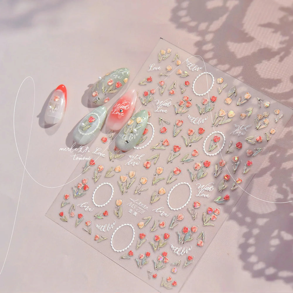 Retro Border Colourful Pink Purple Tulip Flower Bouquet Garden Fragrant 5D Soft Relief Adhesive Nail Art Sticker Manicure Decals (ONLINE ORDER ONLY)