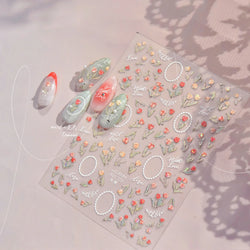 Retro Border Colourful Pink Purple Tulip Flower Bouquet Garden Fragrant 5D Soft Relief Adhesive Nail Art Sticker Manicure Decals (ONLINE ORDER ONLY)