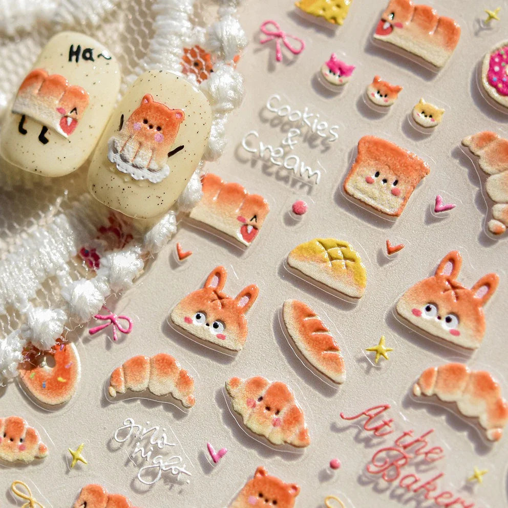 Cute Baking Cookies Bread Bread Cheese Pudding Chocolate Croissant Doughnut Adhesive Nail Art Decoration Sticker Manicure Decals (ONLINE ORDER ONLY)
