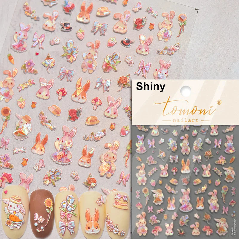 Pink Running Rabbit Bowknot Wreath Bunny Flower Tie Totem Pattern Self Adhesive Nail Art Sticker Pearl Rhinestone Manicure Decal (Online Order Only)