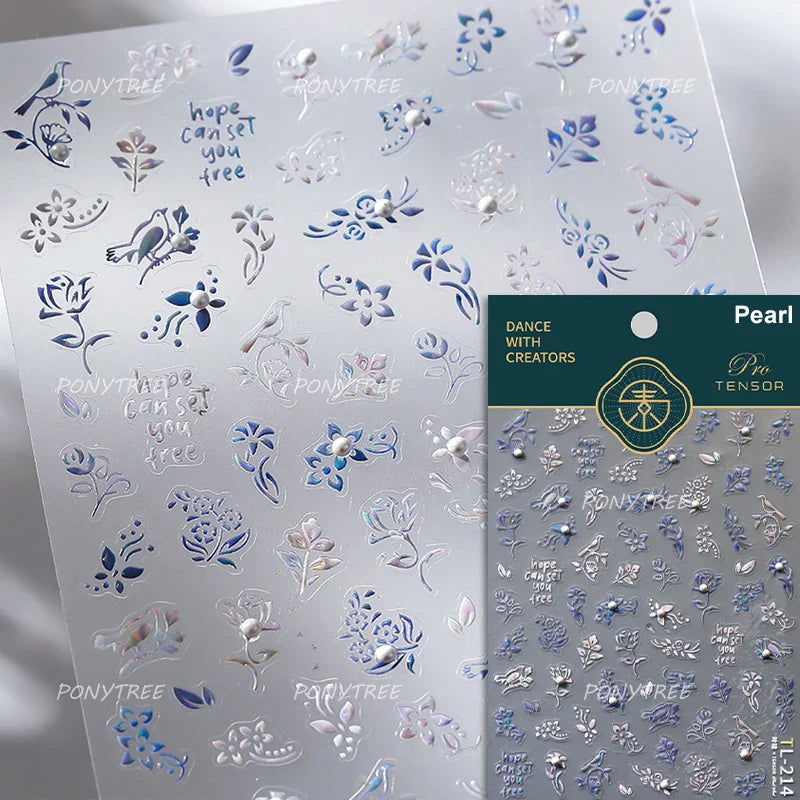 Blue Flower Vivid Bird Hope Can Set You Free Magpie Leaf Pearl Letter Adhesive Nail Art Sticker Aesthetic Beauty Manicure Decal (ONLINE ORDER ONLY)